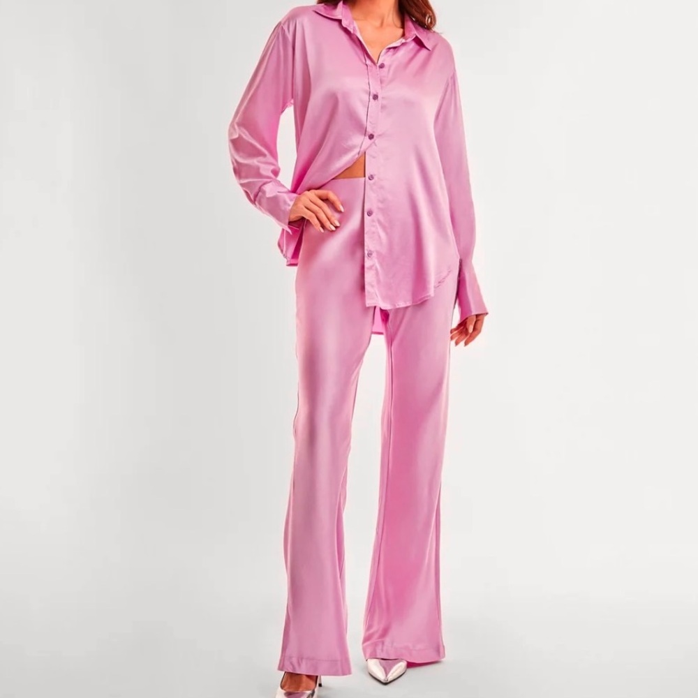 Rachel Zoe Relaxed Satin Button Up Shirt Wide Leg Pants Set